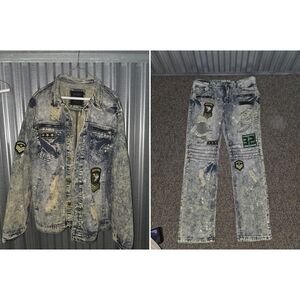 Acid Wash Denim Jacket & Jeans Set with Military Patches